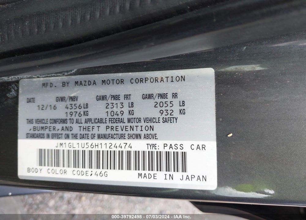 2017 MAZDA 6 SPORT VIN: JM1GL1U56H1124474