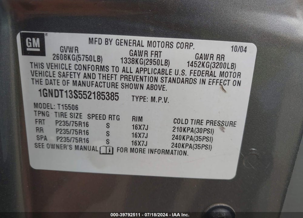 2005 CHEVROLET TRAILBLAZER LS VIN: 1GNDT13S552185385