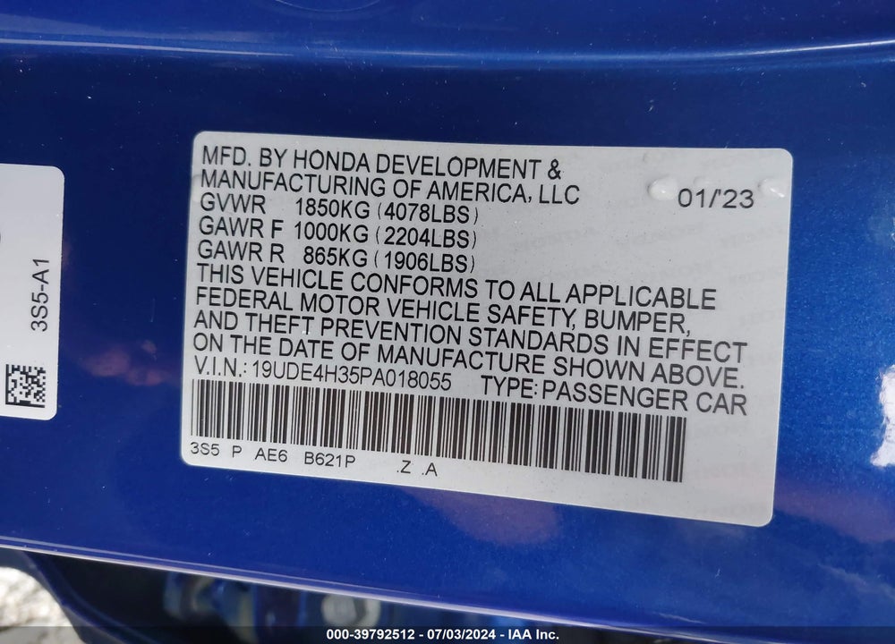 2023 ACURA INTEGRA A-SPEC VIN: 19UDE4H35PA018055