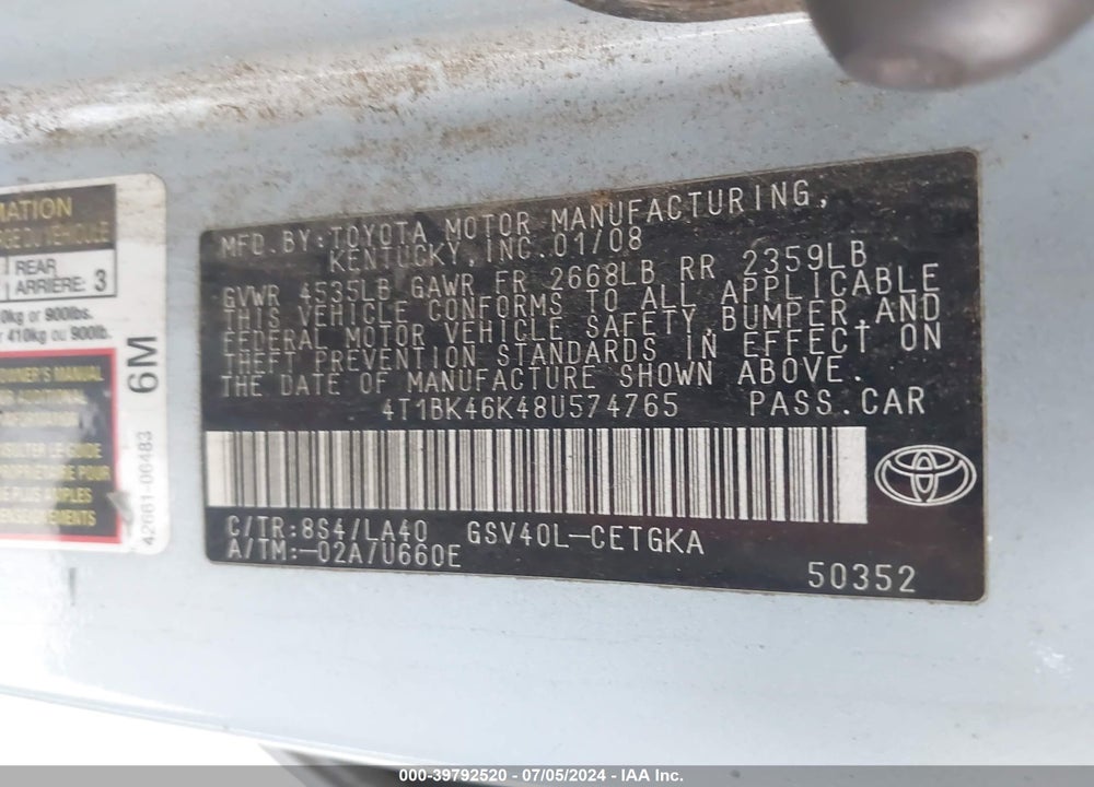 2008 TOYOTA CAMRY XLE V6 VIN: 4T1BK46K48U574765