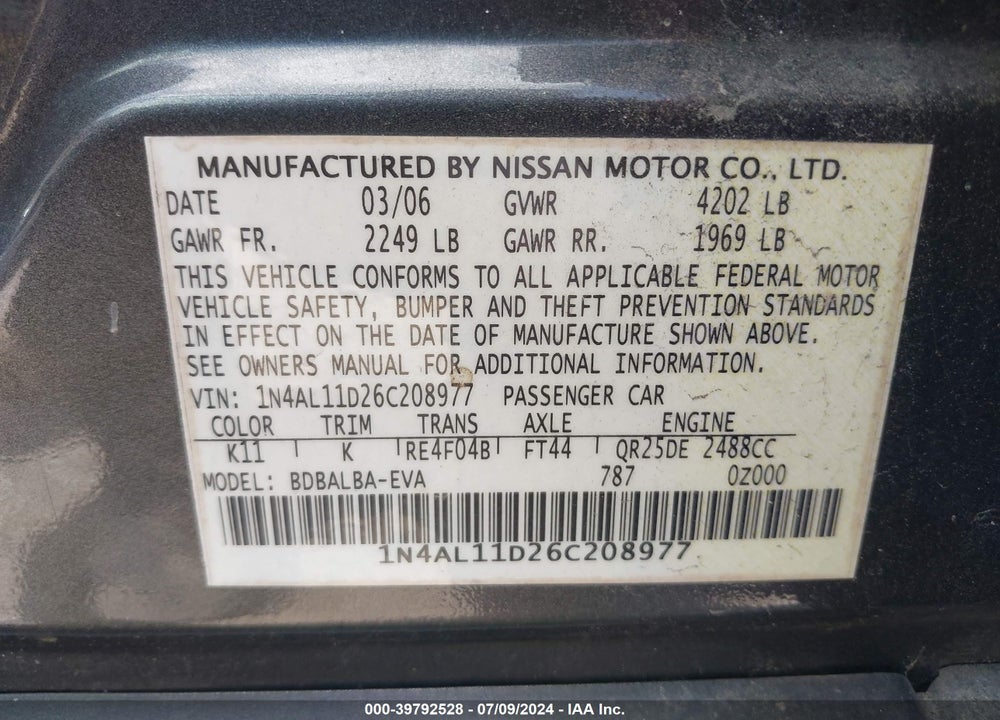 2006 NISSAN ALTIMA 2.5 S VIN: 1N4AL11D26C208977