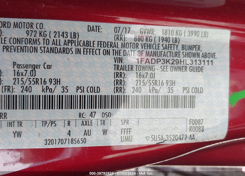 2017 FORD FOCUS SE VIN: 1FADP3K29HL313111