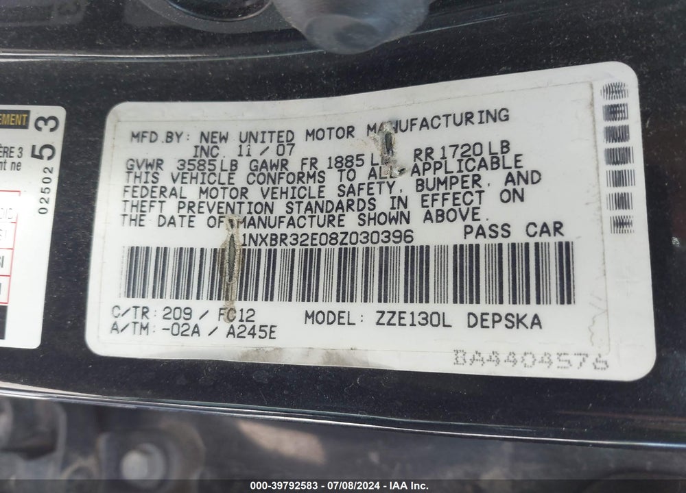 2008 TOYOTA COROLLA S VIN: 1NXBR32E08Z030396