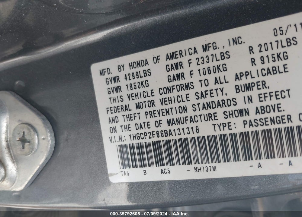 2011 HONDA ACCORD 2.4 SE VIN: 1HGCP2F66BA131318