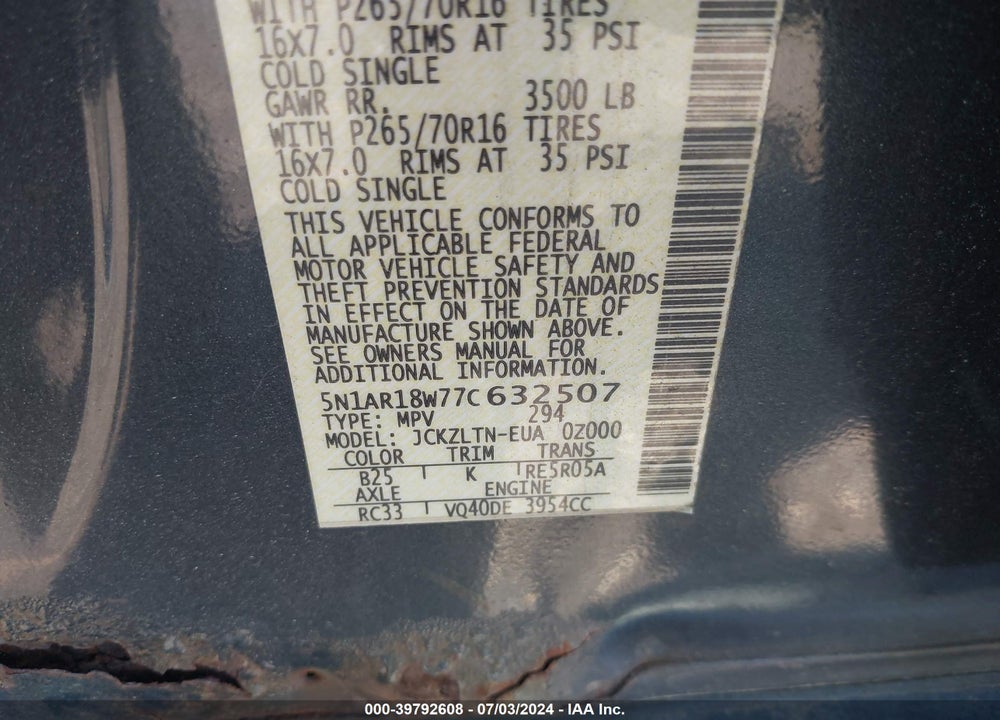 2007 NISSAN PATHFINDER SE VIN: 5N1AR18W77C632507