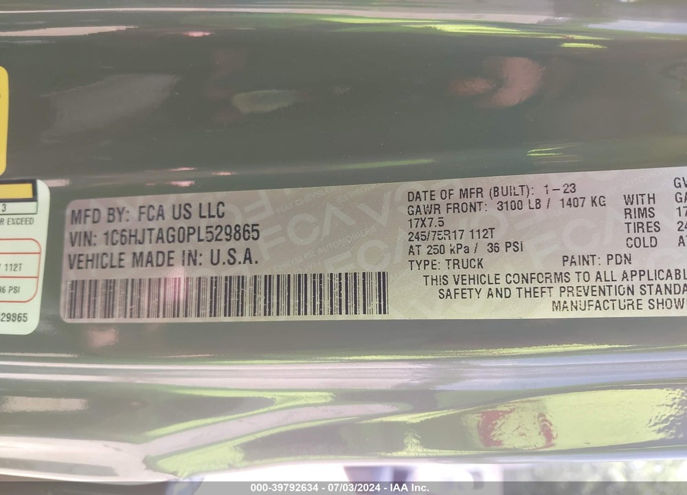 2023 JEEP GLADIATOR SPORT S 4X4 VIN: 1C6HJTAG0PL529865