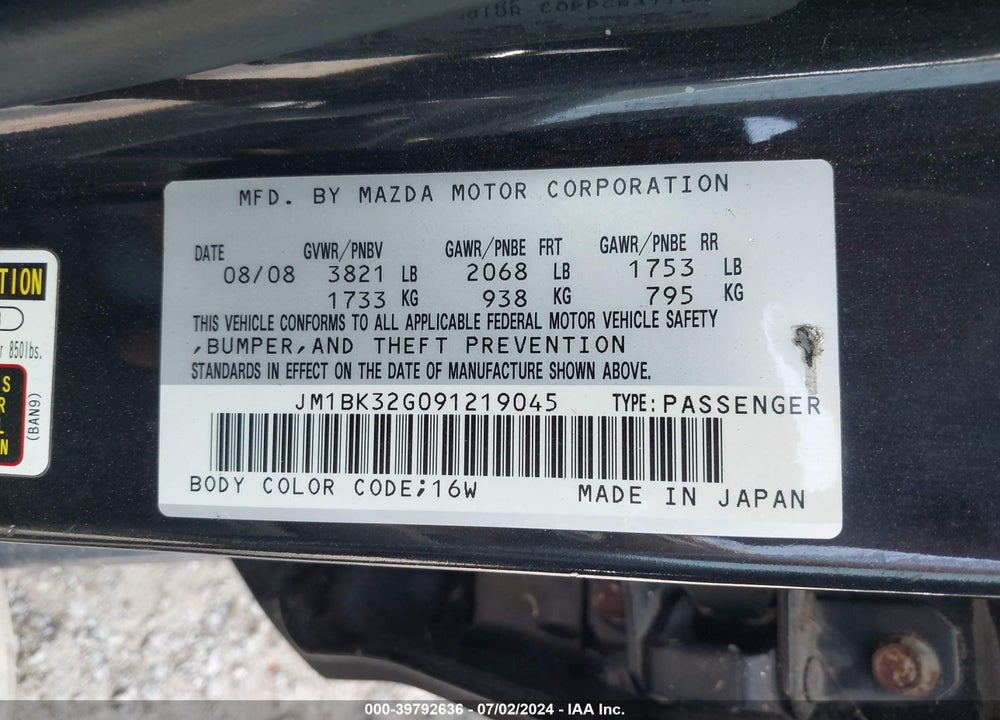 2009 MAZDA 3 I VIN: JM1BK32G091219045
