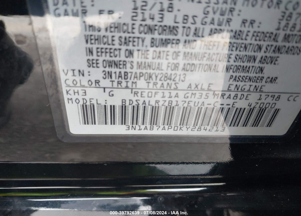 2019 NISSAN SENTRA SR VIN: 3N1AB7AP0KY284213