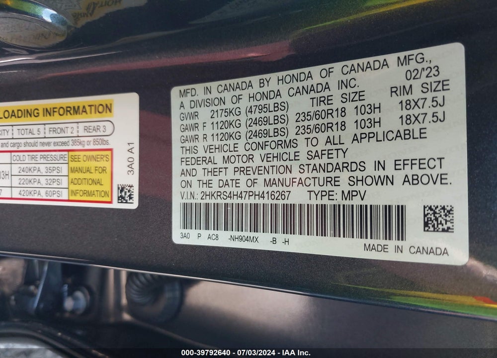 2023 HONDA CR-V EX AWD VIN: 2HKRS4H47PH416267
