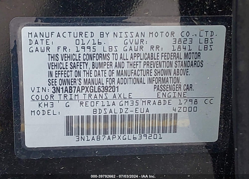 2016 NISSAN SENTRA FE+ S/S/SL/SR/SV VIN: 3N1AB7APXGL639201