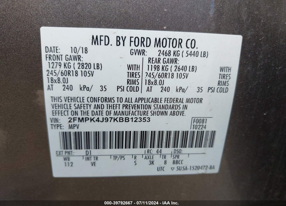 2019 FORD EDGE SEL VIN: 2FMPK4J97KBB12353