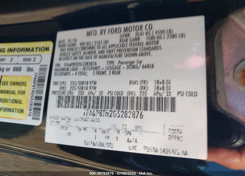 2016 FORD MUSTANG ECOBOOST VIN: 1FA6P8TH2G5282876