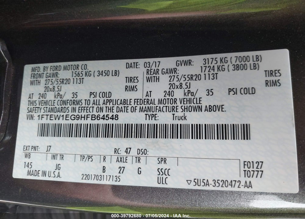 2017 FORD F-150 XL VIN: 1FTEW1EG9HFB64548