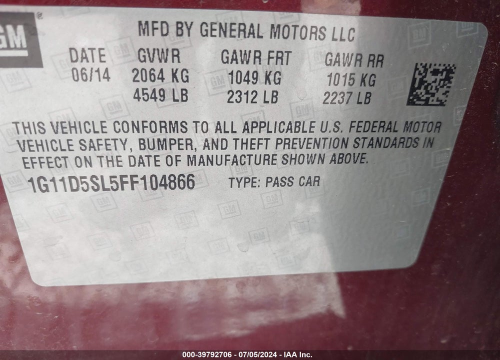 2015 CHEVROLET MALIBU 2LT VIN: 1G11D5SL5FF104866