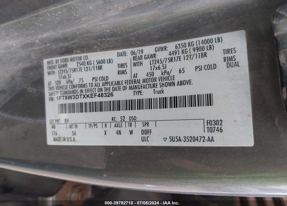 2019 FORD F-350 LARIAT VIN: 1FT8W3DTXKEF48326