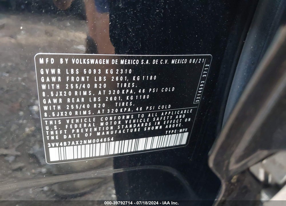 2022 VOLKSWAGEN TIGUAN VIN: 3VV4B7AX2NM004654