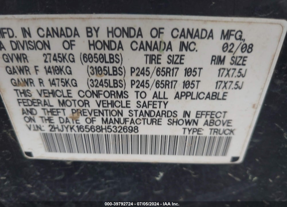 2008 HONDA RIDGELINE RTL VIN: 2HJYK16568H532698