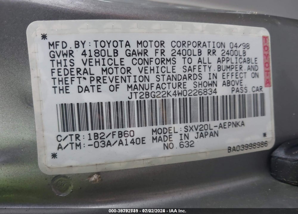 1998 TOYOTA CAMRY LE VIN: JT2BG22K4W0226834