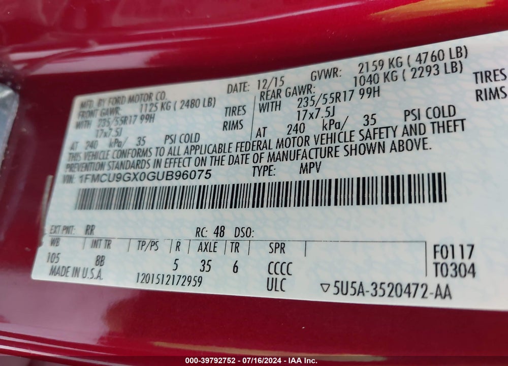 2016 FORD ESCAPE SE VIN: 1FMCU9GX0GUB96075