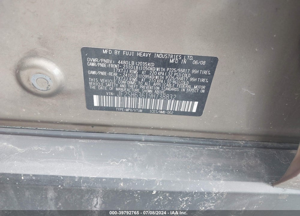 2009 SUBARU FORESTER 2.5X VIN: JF2SH63619H738832