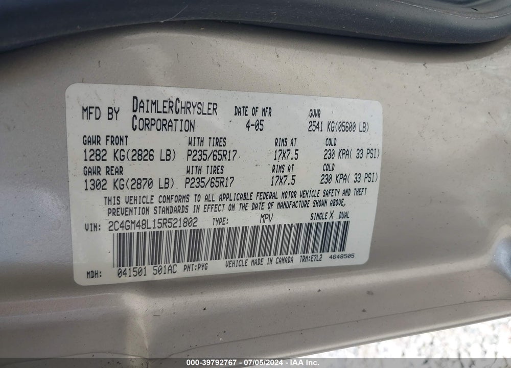 2005 CHRYSLER PACIFICA VIN: 2C4GM48L15R521802