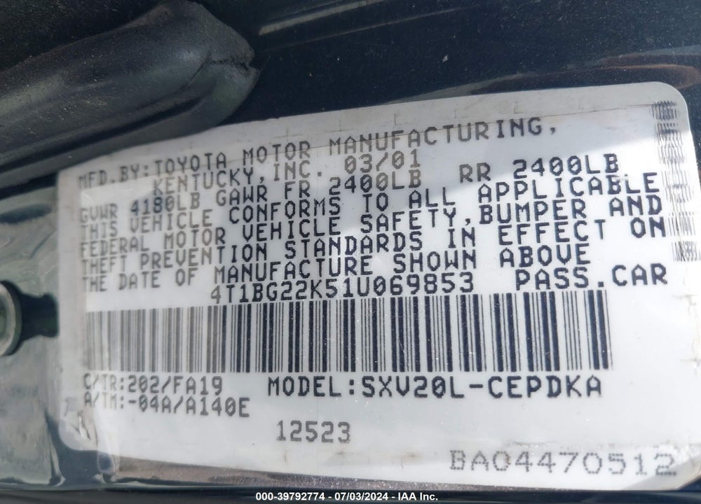 2001 TOYOTA CAMRY CE VIN: 4T1BG22K51U069853