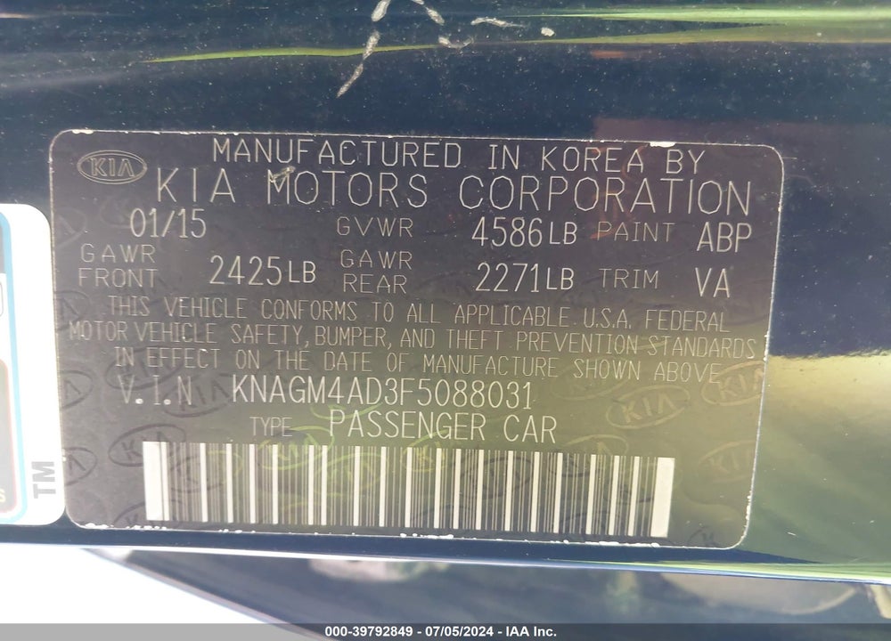 2015 KIA OPTIMA HYBRID VIN: KNAGM4AD3F5088031