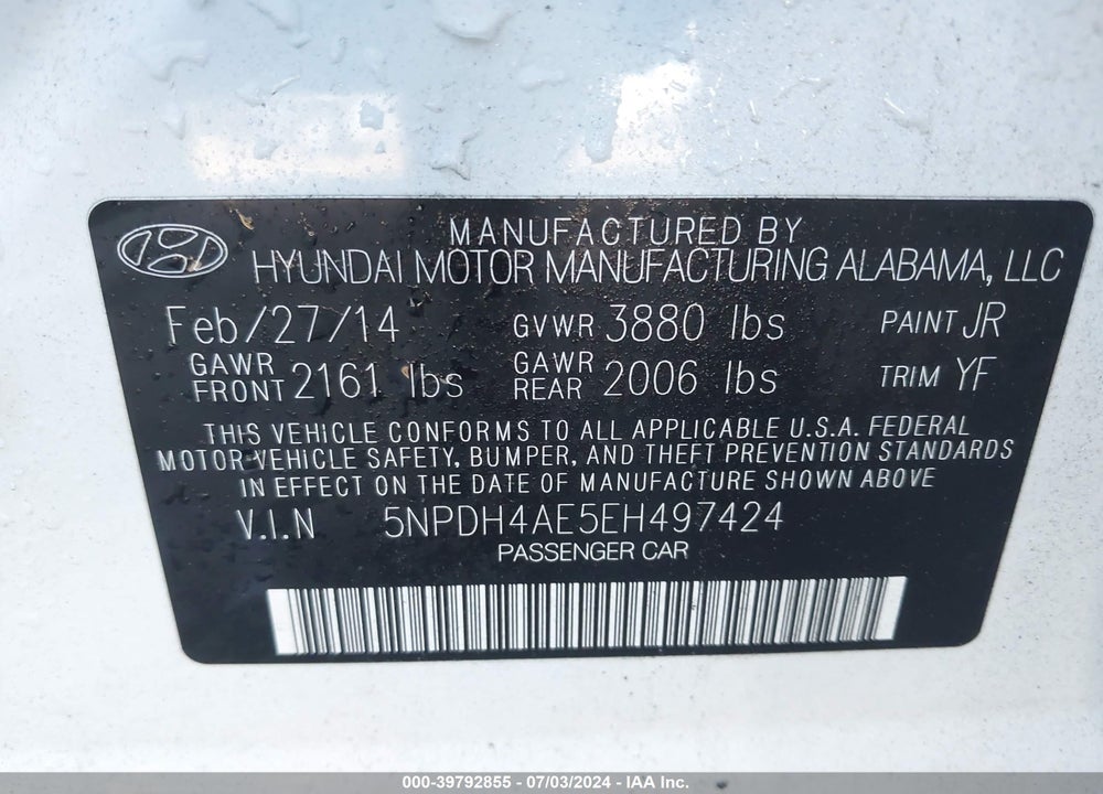 2014 HYUNDAI ELANTRA SE VIN: 5NPDH4AE5EH497424