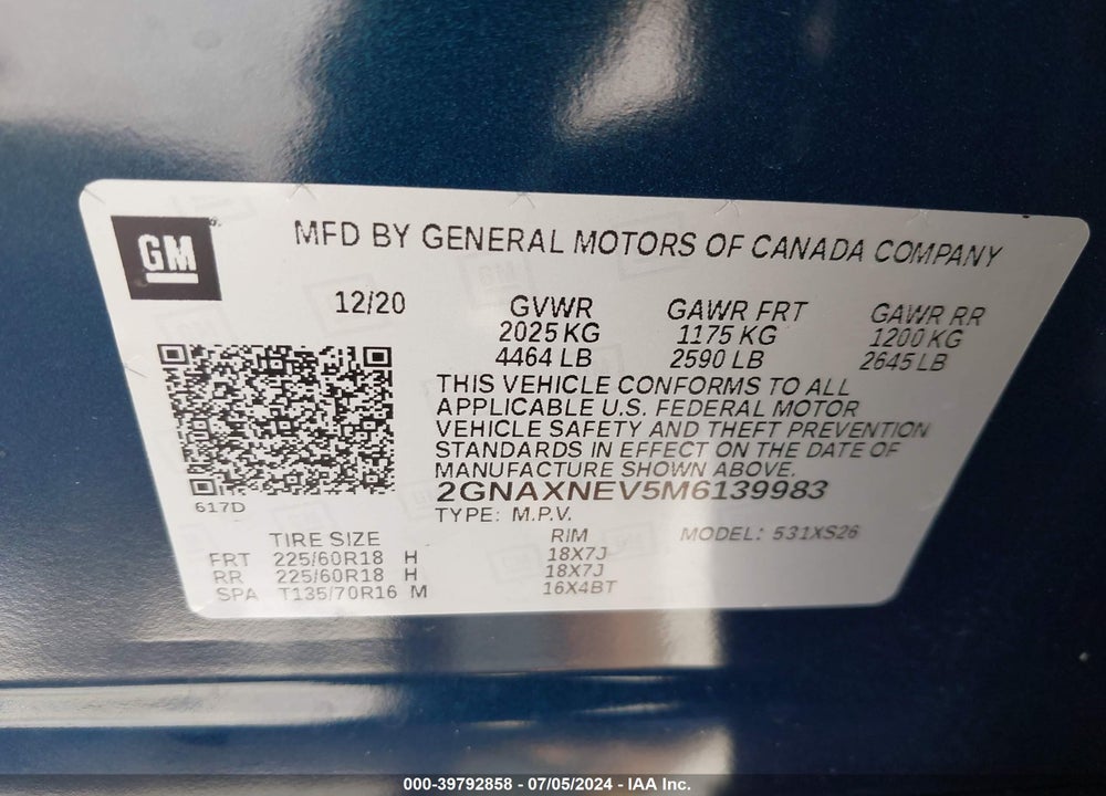 2021 CHEVROLET EQUINOX VIN: 2GNAXNEV5M6139983