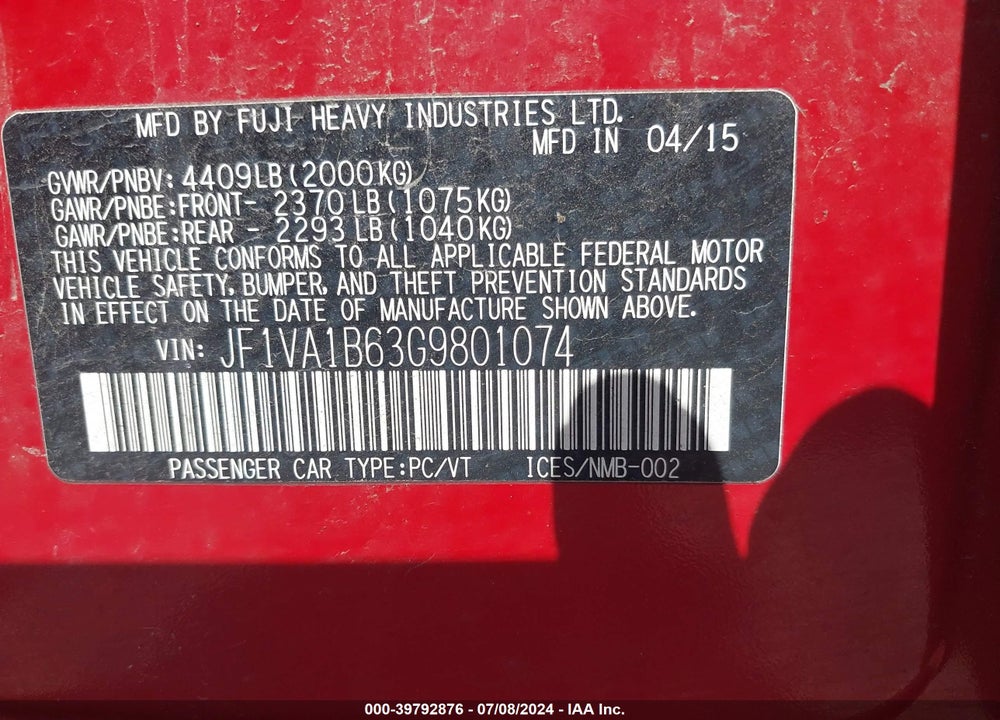 2016 SUBARU WRX VIN: JF1VA1B63G9801074