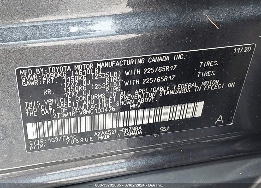 2021 TOYOTA RAV4 XLE VIN: 2T3W1RFV8MC103426