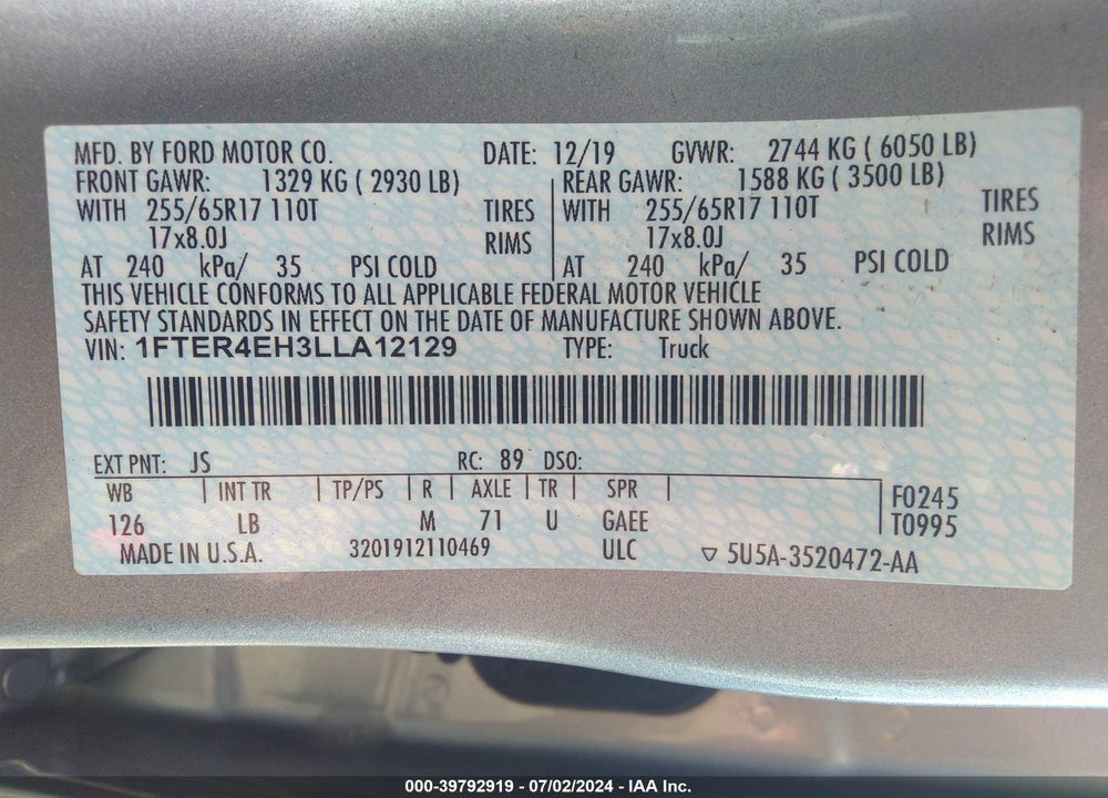 2020 FORD RANGER XLT VIN: 1FTER4EH3LLA12129
