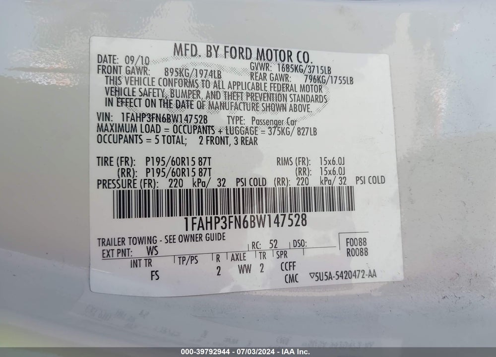 2011 FORD FOCUS SE VIN: 1FAHP3FN6BW147528