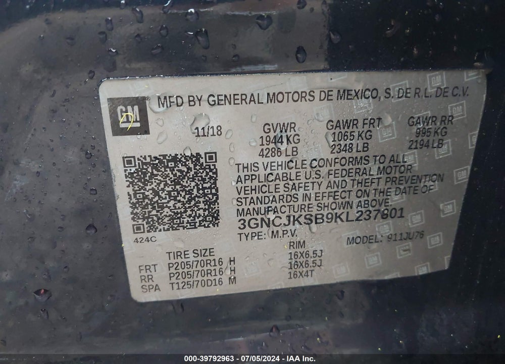 2019 CHEVROLET TRAX LS VIN: 3GNCJKSB9KL237801