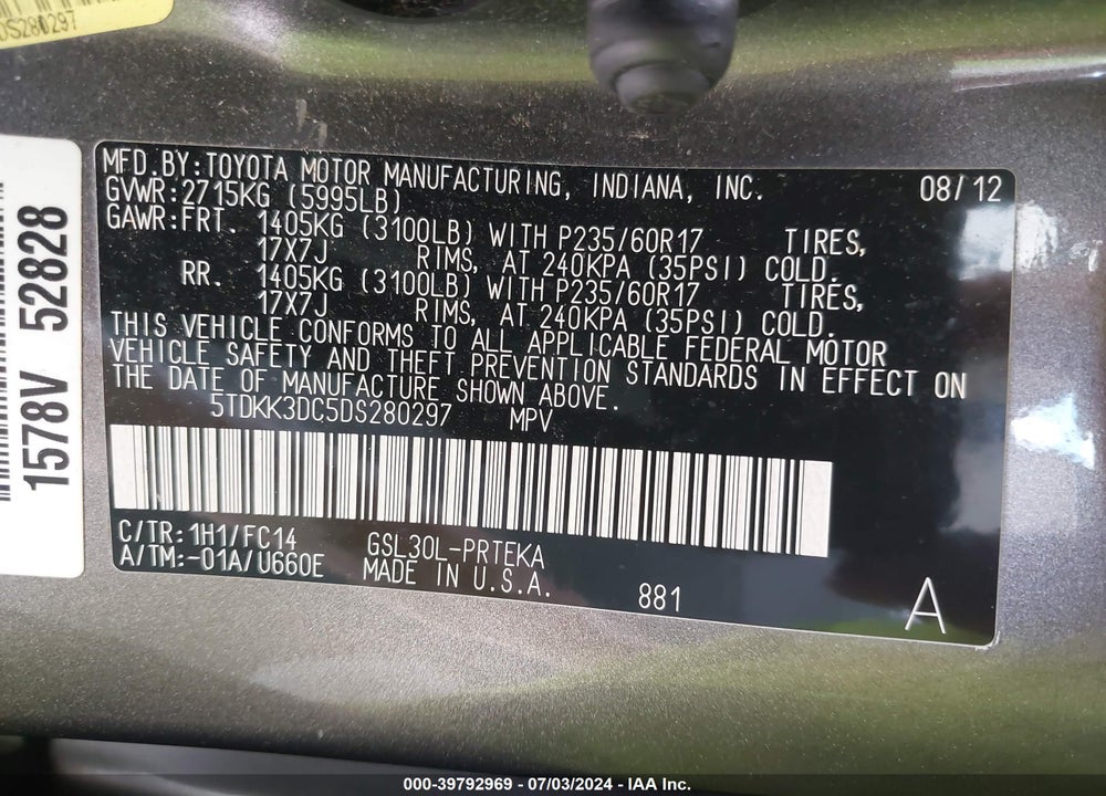 2013 TOYOTA SIENNA LE V6 8 PASSENGER VIN: 5TDKK3DC5DS280297
