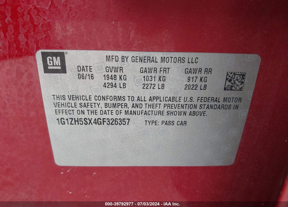 2016 CHEVROLET MALIBU PREMIER VIN: 1G1ZH5SX4GF326357