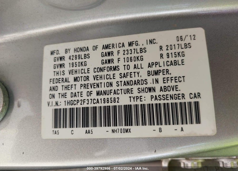 2012 HONDA ACCORD 2.4 LX VIN: 1HGCP2F37CA198582