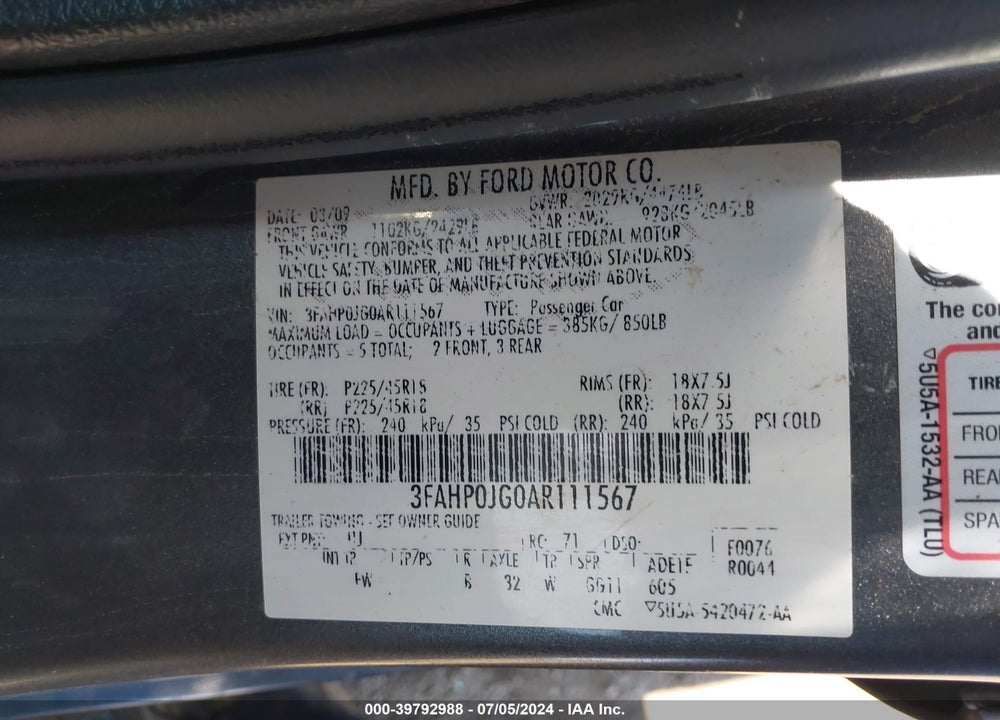 2010 FORD FUSION SEL VIN: 3FAHP0JG0AR111567