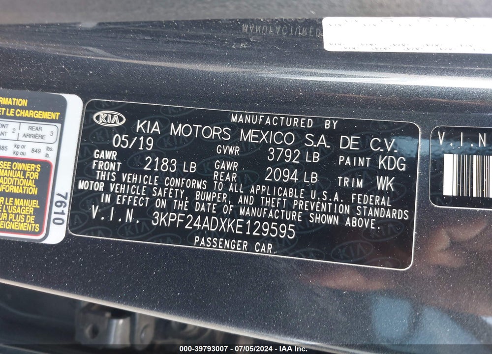 2019 KIA FORTE LXS VIN: 3KPF24ADXKE129595