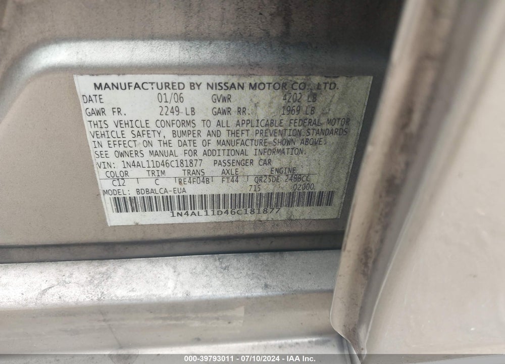 2006 NISSAN ALTIMA VIN: 1N4AL11D46C181877