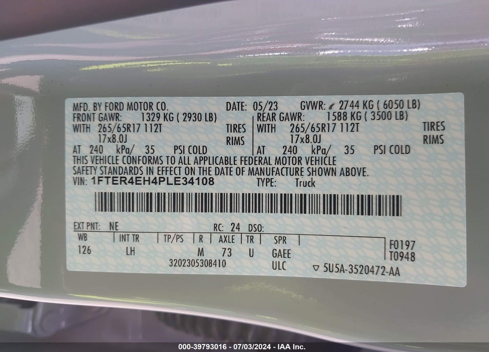 2023 FORD RANGER XL VIN: 1FTER4EH4PLE34108