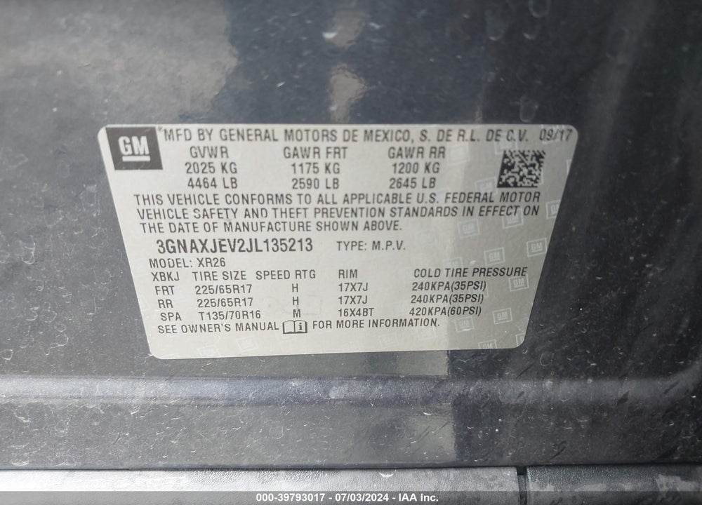 2018 CHEVROLET EQUINOX LT VIN: 3GNAXJEV2JL135213