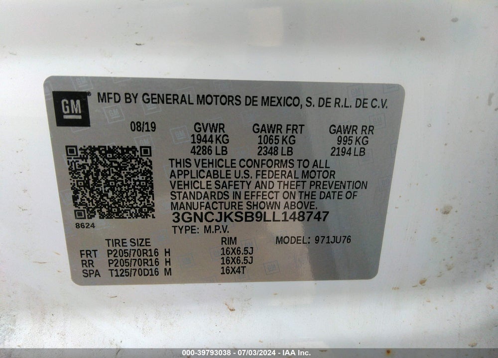 2020 CHEVROLET TRAX FWD LS VIN: 3GNCJKSB9LL148747
