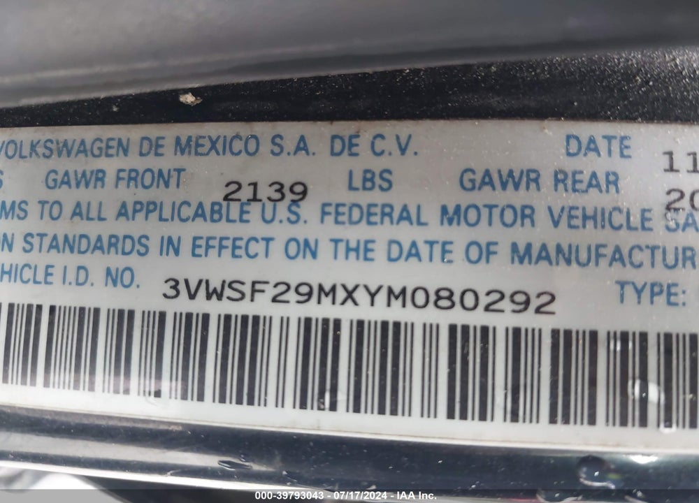 2000 VOLKSWAGEN JETTA GLS TDI VIN: 3VWSF29MXYM080292