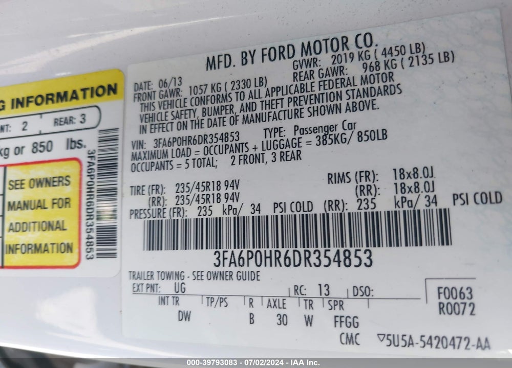 2013 FORD FUSION SE VIN: 3FA6P0HR6DR354853