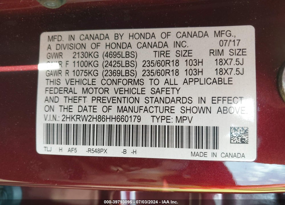 2017 HONDA CR-V EX-L/EX-L NAVI VIN: 2HKRW2H86HH660179