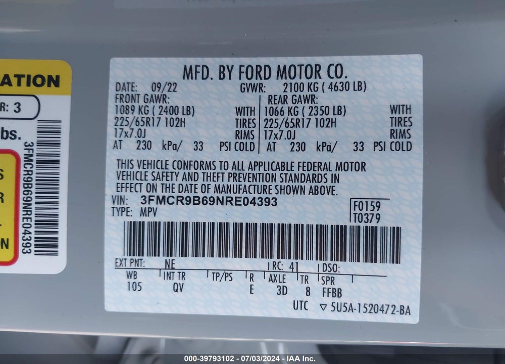 2022 FORD BRONCO SPORT BIG BEND VIN: 3FMCR9B69NRE04393