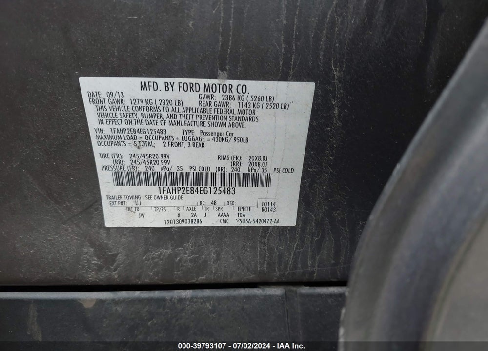 2014 FORD TAURUS SEL VIN: 1FAHP2E84EG125483