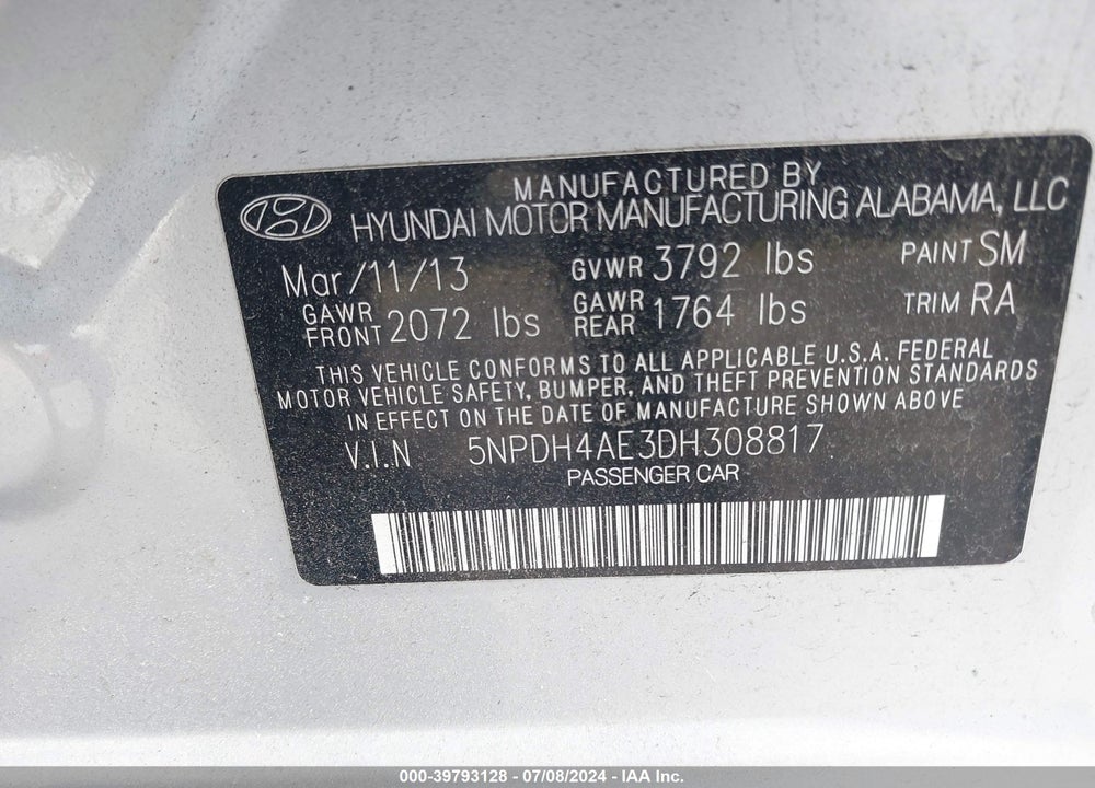 2013 HYUNDAI ELANTRA GLS VIN: 5NPDH4AE3DH308817
