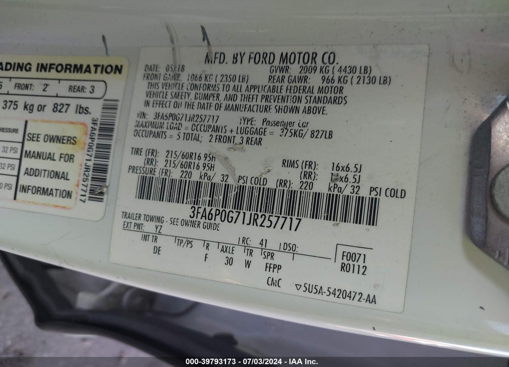 2018 FORD FUSION S VIN: 3FA6P0G71JR257717